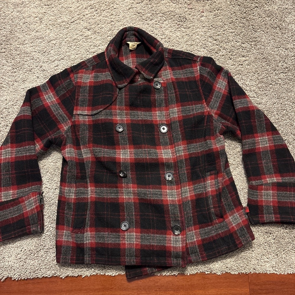 Woolrich Double Breasted Plaid Wool Blend Coat Womens Medium Red Black Grey